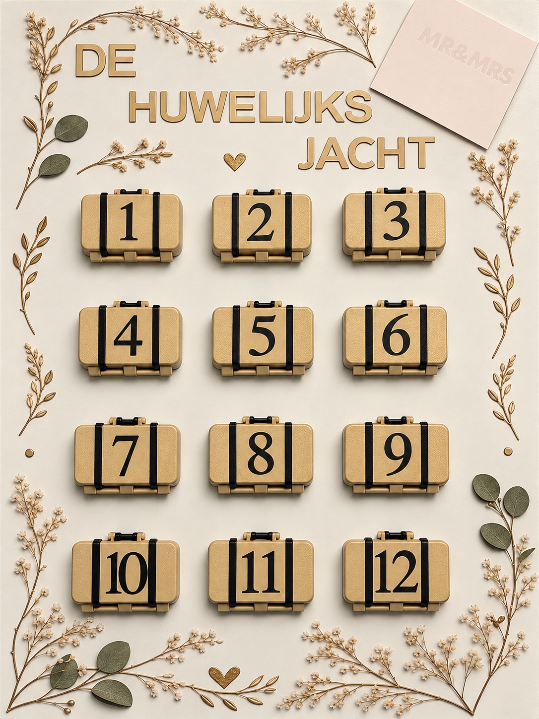 Voorbeeld van De Huwelijksjacht: twaalf genummerde goudkleurige koffertjes op een versierd spelbord